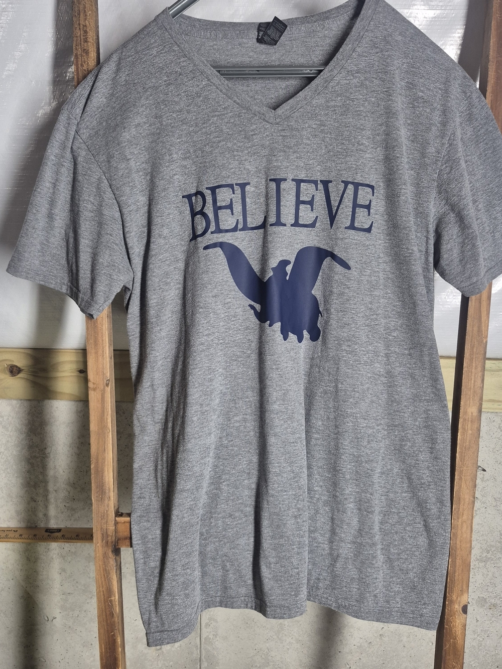 Anvil Gray V-Neck Tee with Navy "BELIEVE" Graphic